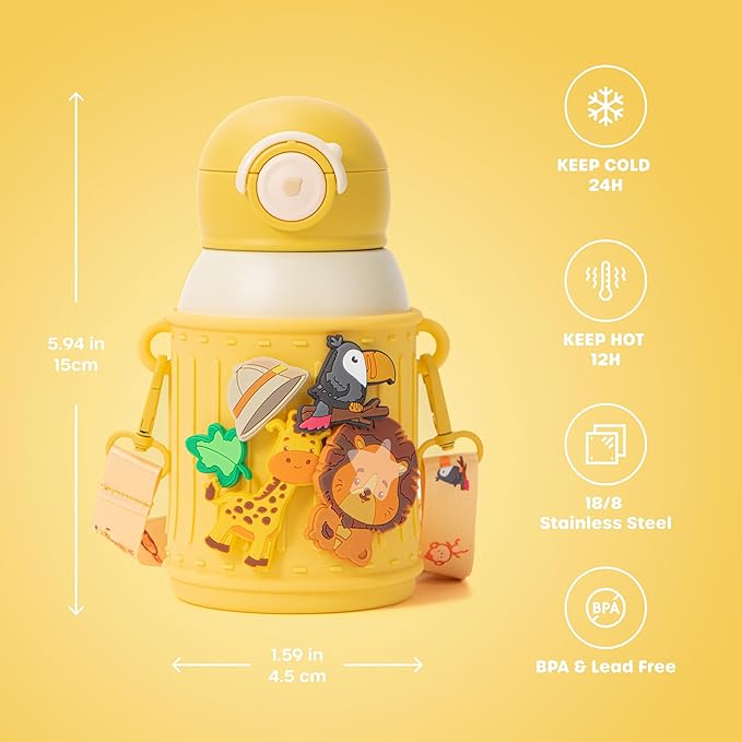 Kids Insulated Tumbler Set – 16oz Stainless Steel Water Bottle with Straw & Pour Lids, Screw-On Cup, Adjustable Strap, Silicone Sleeve & Charms – Leakproof BPA-Free Bottle for Boys & Girls - Bloomnest