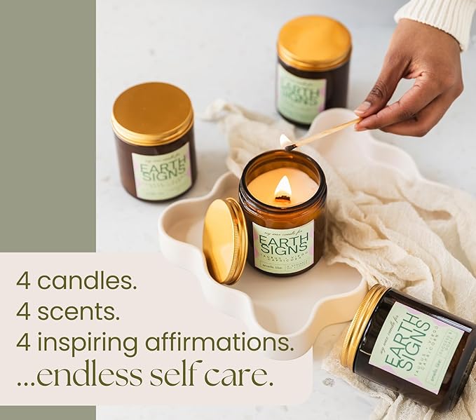 Taurus, Virgo, Capricorn Gifts for Women - Wood Wick Candles, 4 Pack Small Scented Candles Set for Women. 6oz Natural Soy Wax, Aromatherapy Set for Home. Zodiac Astrology Birthday Spiritual Gifts - Bloomnest