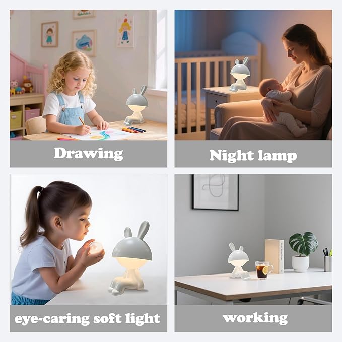 Night Light | Mini Desk Lamp | Table Lamps for Night Stands LED Cute Bunny 3 Level Dimmable Touch Light with Rechargeable Battery for Bedside Living Room Home Decor Christmas Gifts(White) - Bloomnest