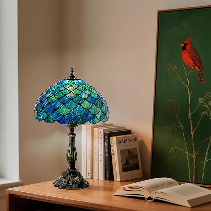 Tiffany Style Table Lamp Vintage Stained Glass Desk Lamp Sea Blue Fish Scales Bedside Reading Light Decor Bedroom Living Room Home Office D12 xH18 - Bloomnest