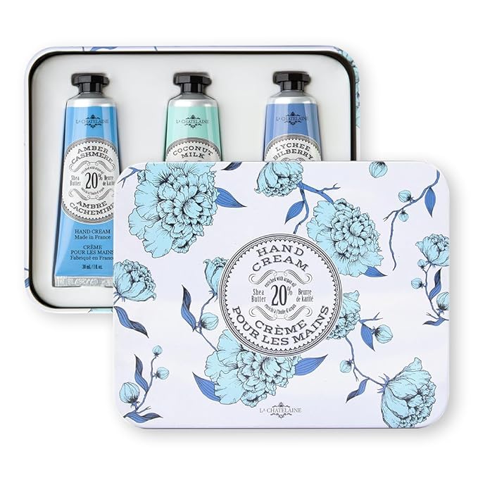 La Chatelaine Hand Cream Trio Tin Gift Set, Ready-To-Gift Tin, Nautral, Made in France with 20% Organic Shea Butter, Nourishing and Moisturizing (Amber Cashmere, Coconut Milk, Lychee Bilberry or Shea) - Bloomnest