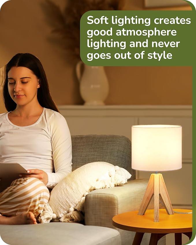 EDISHINE Small Cute Table Lamp, Wood Tripod Nightstand Lamp, Mid Century Bedside Lamp with Linen Fabric Shade for Nursery, Living Room, Bedroom, End Table, UL Listed, 14.2 Inch, ON/Off Switch - Bloomnest