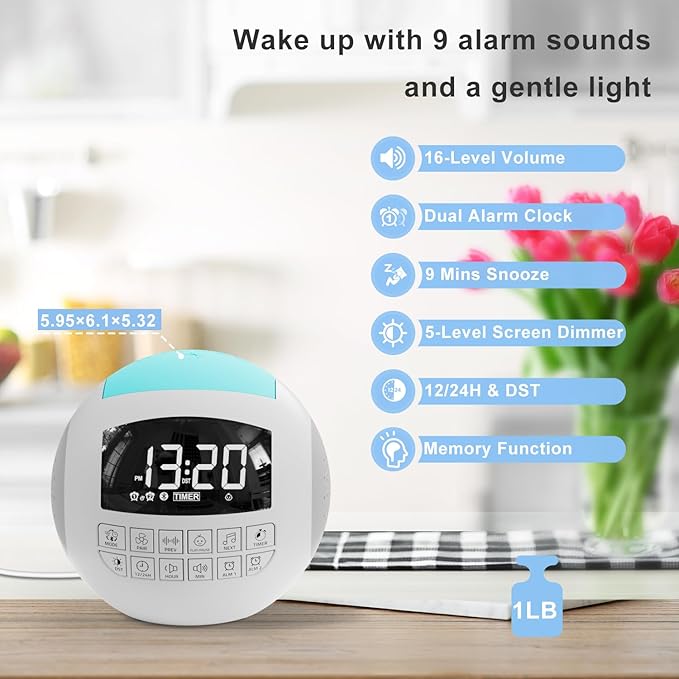 42 Sound White Noise Machine for Kids Adult Baby Sleeping + Bluetooth + Nightlight, Lullaby/Nature Soothing Sounds, 2 Alarm Clock for Bedroom Home, Adjustable Volume, 15-480 Timer, USB & AC Powered… - Bloomnest