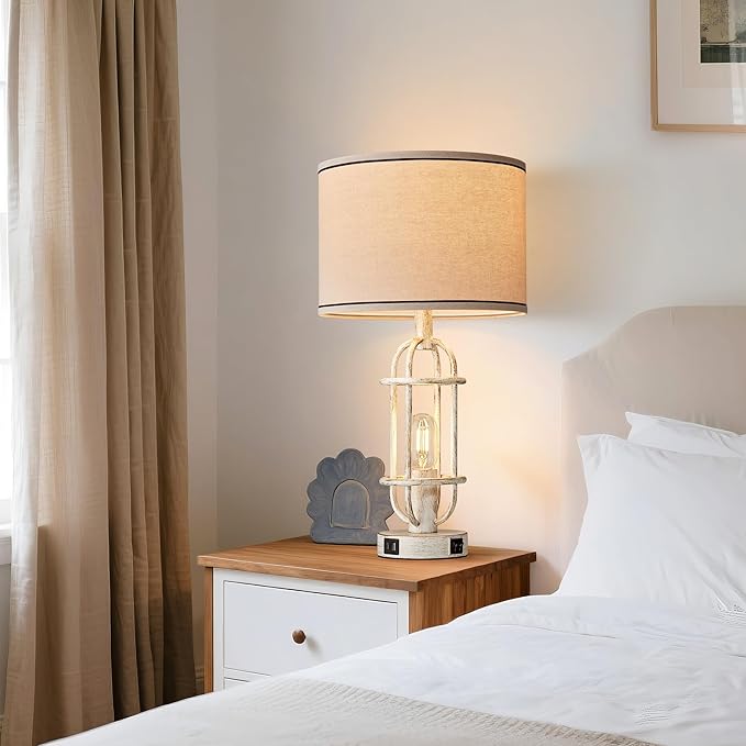 22.3" Farmhouse Table Lamps Set of 2, Vintage Lamps for Living Room End Tables, Bedroom Lamp for NightStand with USB C+A Ports, Antique White - Bloomnest