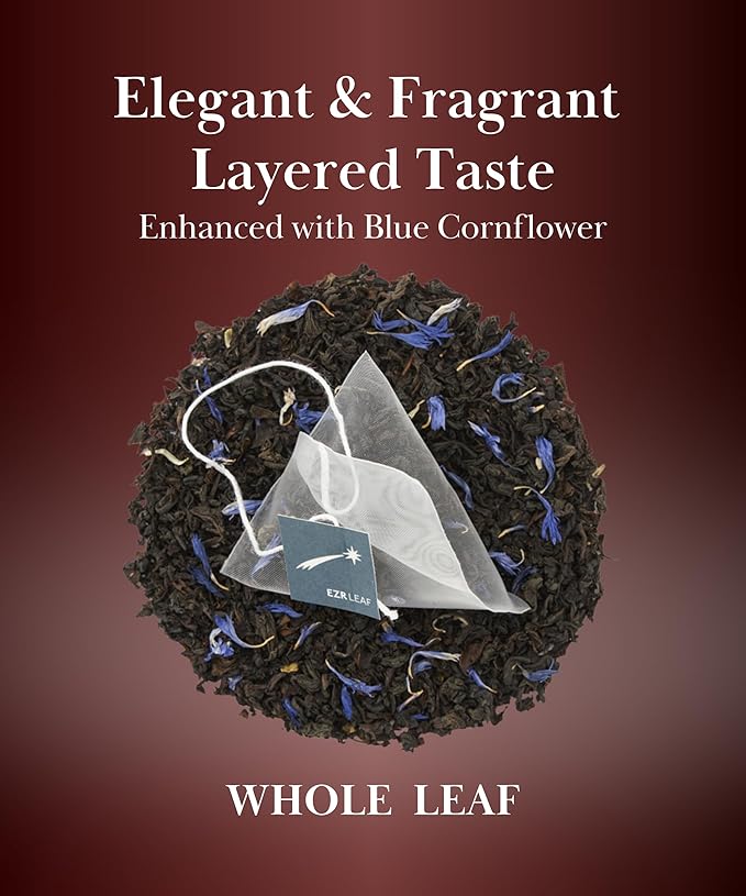 ERZ Leaf Earl Grey Ceylon Black Tea Premium Whole Leaf with Bergamot & Cornflower Blend, 20 Pyramid Tea Bags 2.1 Once, Gift Box Ready, Elegant Aroma, Smooth Flavor - Bloomnest