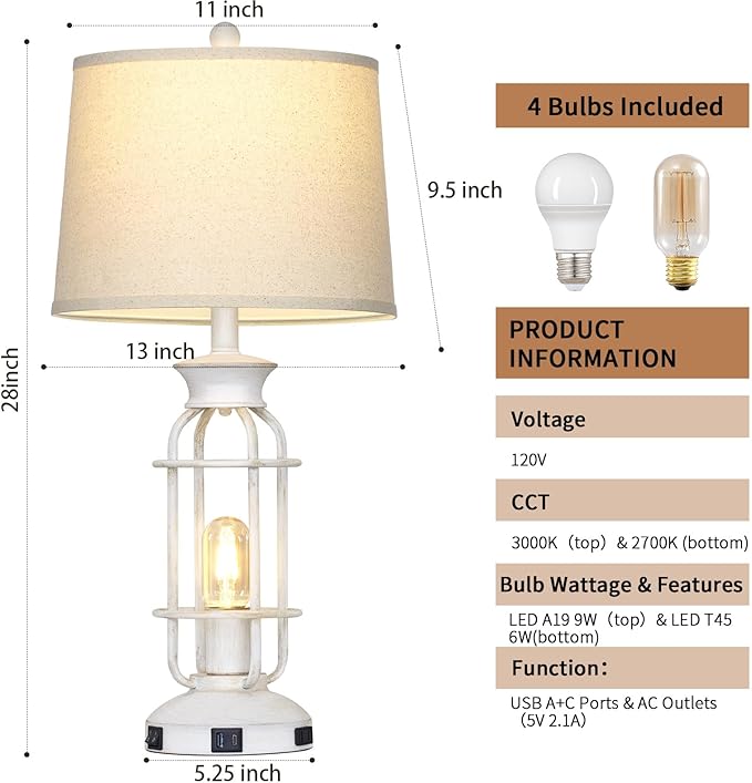 28" Vintage Table Lamps with USB C+A Ports & Outlet, Industrial Farmhouse Table Lamp for Living Room, Rustic Mid Century Modern Bedside Lamps with Nightlight & Beige Fabric Lampshade, Oil-Rubbed White - Bloomnest