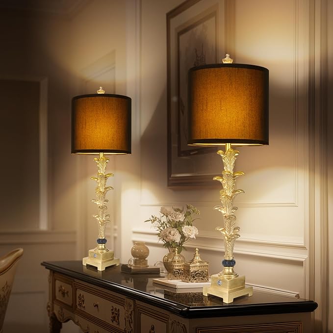 Table Lamps Set of 2 for Living Room, 3-Way Dimmable Touch Buffet Lamps with USB A+C Ports, Gold Leaf Finish Bedside Lamps with Black Linen Shades, Modern Nightstand Lamp for Bedroom Office Entryway - Bloomnest