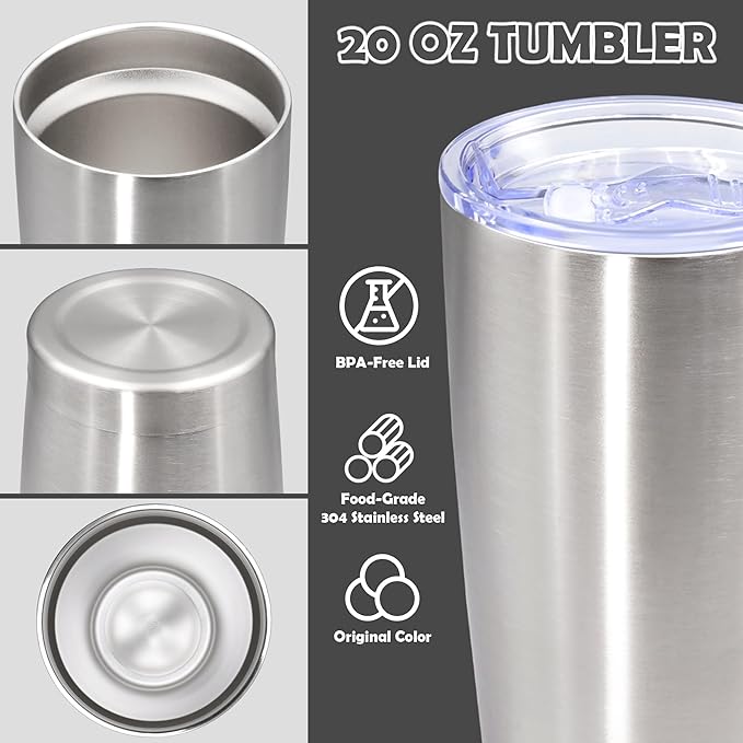 20oz Tumbler Stainless Steel Tumbler Cup with Lid Vacuum Insulated Double Wall Travel Mug, Durable Powder Coated Travel Coffee Tumbler Mug for Hot & Cold Drinks, Stainless Steel,4 Pack