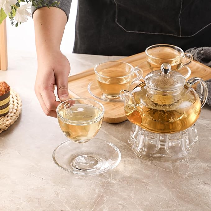 Glass Teapot Set, 40OZ/1200ml Stovetop Safe Glass Tea Kettle with Removable Infuser & Tea Warmer, Tea Cups and Saucers Set of 4, Blooming Tea & Loose Leaf Tea Maker Set for Women - Bloomnest