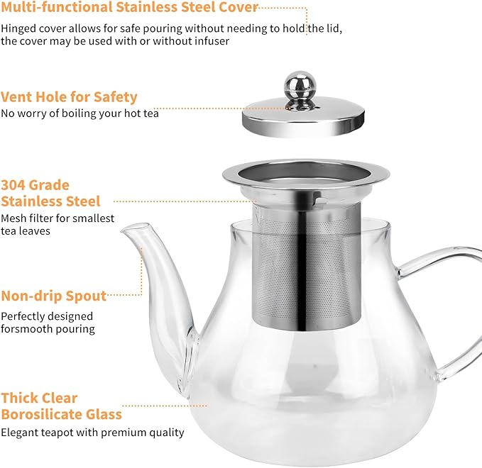 Glass Teapot 28oz/800ml with Removable Infuser, Borosilicate Clear Tea Kettle, Stovetop Safe Tea Kettle Blooming Loose Leaf Teapots, for Camping, Travel - Bloomnest