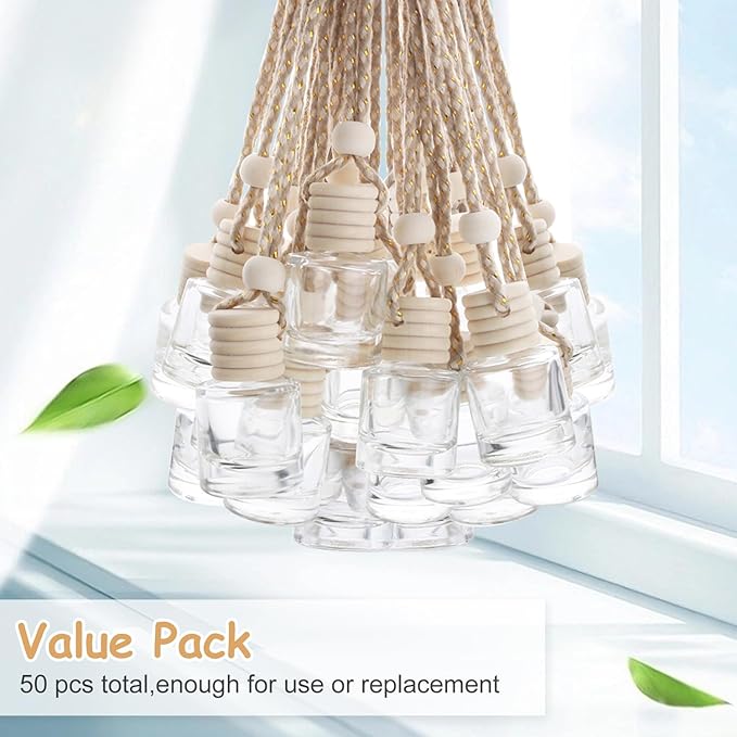 50 Pcs Car Essential Oil Hanging Bottle Empty Car Air Freshener Diffuser Bottle Perfume Glass Bottle Pendant Aromatherapy Fragrance Bottle Auto Car Interior Ornaments Decor (Round shape) - Bloomnest