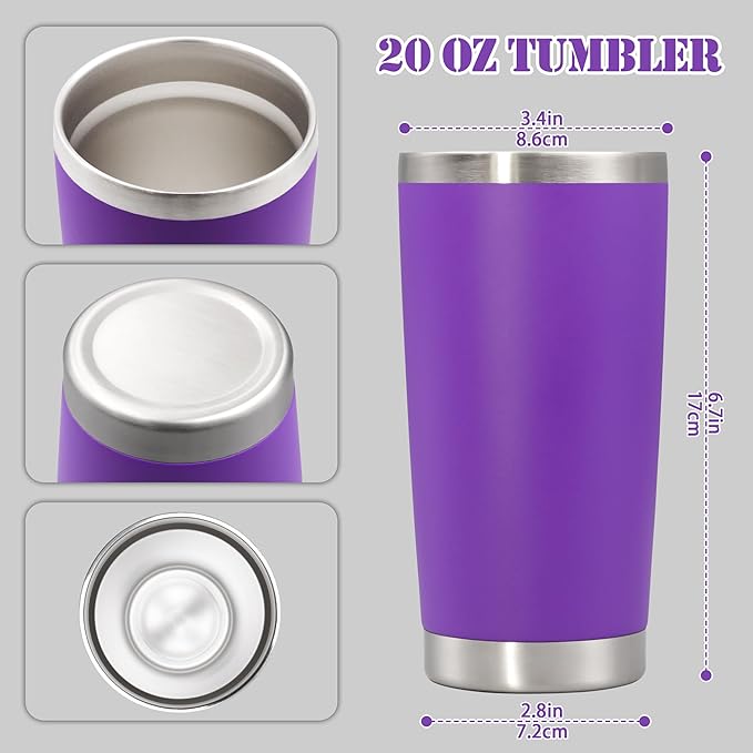 20 oz Tumbler with lid Double Wall Vacuum Insulated Tumblers Stainless Steel Coffee Mug Travel Coffee Tumbler Powder Coated Tumbler Cup Keep Hot&Cold - (PurPle 12 Pack)