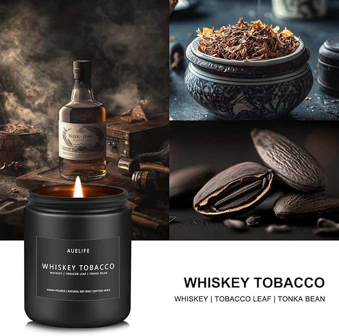 Whiskey Tobacco Candle | Masculine Candles for Men, Soy Candles for Home Scented, Manly Gifts Tobacco Candle for Home - Gifts for Men, 7oz Black Jar - Bloomnest