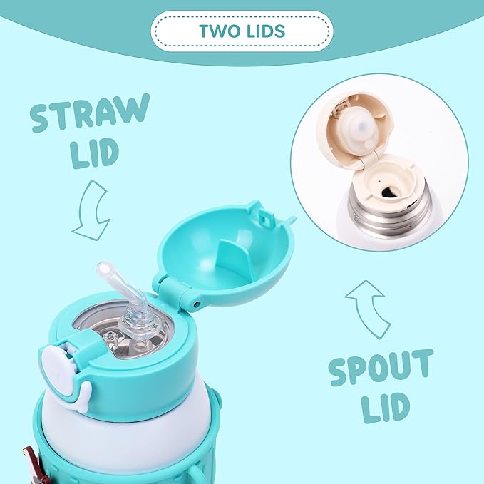 Kids Insulated Tumbler Set – 16oz Stainless Steel Water Bottle with Straw & Pour Lids, Screw-On Cup, Adjustable Strap, Silicone Sleeve & Charms – Leakproof BPA-Free Bottle for Boys & Girls - Bloomnest