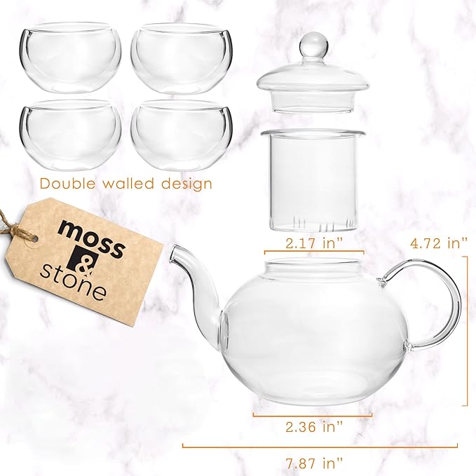 Moss & Stone Glass 27oz Tea Kettle Infuser & 4 Tea Cups Gift Set, Borosilicate Glass Teapot With Removable Glass Strainer & Teacups Of 2.7 oz, Teapot With Strainer Microwave Safe Tea Maker - Bloomnest