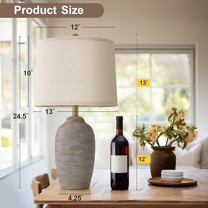 24.5" Handcrafted Ceramic Table Lamp - Single Farmhouse Vintage Rustic Bedside Lighting for Living Room, Bedroom, Entryway | Nightstand & End Table Decor with Linen Shade (Bulb Not Included) - Bloomnest
