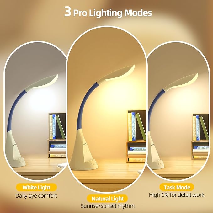 LED Desk Lamp with USB Charging Port, Dimmable Reading Light Touch Control and Eye Protection, Adjustable Brightness Table Lamp for Home Office Bedroom (White) - Bloomnest