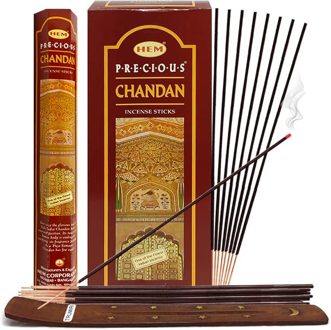 Precious Chandan (Indian Sandalwood) Incense Sticks and Incense Stick Holder Bundle Insence Insense Hem Incense Sticks TRUMIRI