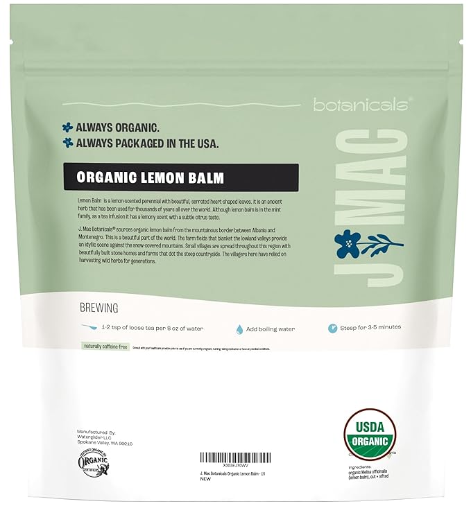 J Mac Botanicals Organic Lemon Balm (16 oz), Loose Leaf Tea, Dried Lemon Balm Tea, herbal Infusion, Lemon balm leaves, melissa officinalis tea, Certified USDA Organic - Bloomnest