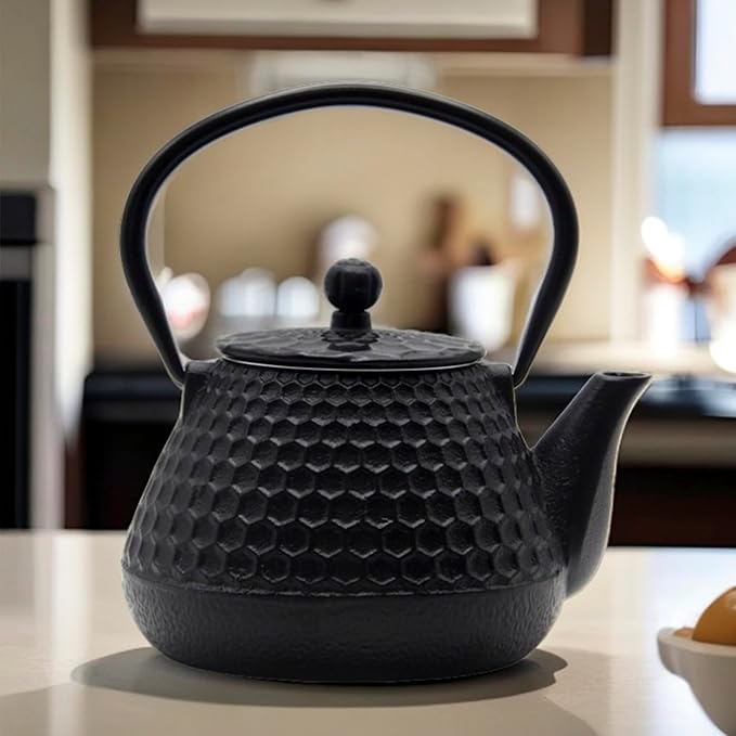 20.3oz Small Cast Iron Teapot, SECHUDO Cast Iron Tea Kettle for Stovetop Safe Coated with Enameled Interior, Cast Iron Tea Pot with Stainless Steel Infuser for Loose Tea (Black Honeycomb Pattern) - Bloomnest