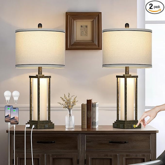 27in Tall Farmhouse Table Lamp Set of 2 with USB C+A & Outlet,Bronze Industrial End Table Lamp for Living Room,Vintage Rustic Bedside Lamps with Night Light for Bedroom Nightstand,Bronze - Bloomnest
