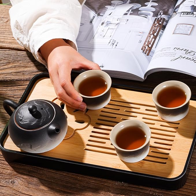 LURRIER Gongfu tea sets, Portable Ceramic TeaSet, Asian Tea sets for adult, Tea Gift sets, Grey leather case, Portable Travel Bag,Home,Gifting,Outdoor and Office(XBlack and White) - Bloomnest