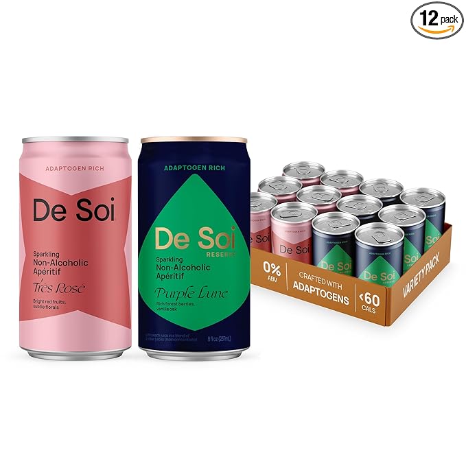 De Soi Wine Sampler (Tres Rose + Purple Lune) Mocktails NA Drinks 12-pack Adaptogen Drink, Sparkling Drink with Calming Botanicals, Mocktails Drinks, Gluten Free, No Artificial Flavors - Bloomnest