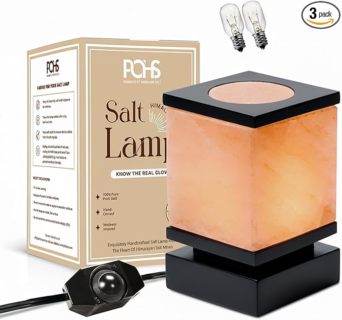 POHS 100% Authentic Himalayan Pink Salt Cube Lamp with Black Wooden Base, Dimmer Switch Cord and Two Bulbs, Night Light for Home and Office Table and Desk, Gift and Decor