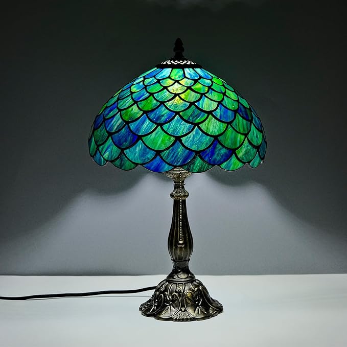 Tiffany Style Table Lamp Vintage Stained Glass Desk Lamp Sea Blue Fish Scales Bedside Reading Light Decor Bedroom Living Room Home Office D12 xH18 - Bloomnest