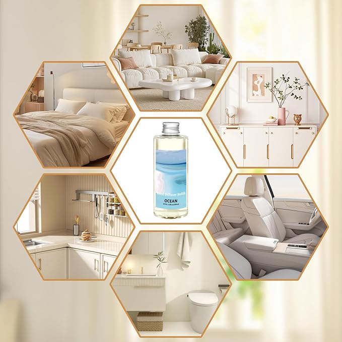 STRN Reed Diffuser Oil Refill, Ocean Scented Diffuser Oil Refills with 6 Reed Sticks 200ML(6.8fl.oz), Room Fresheners for Home, Long-Lasting Fragrance for Living Room, Bedroom, Office, Home Décor - Bloomnest