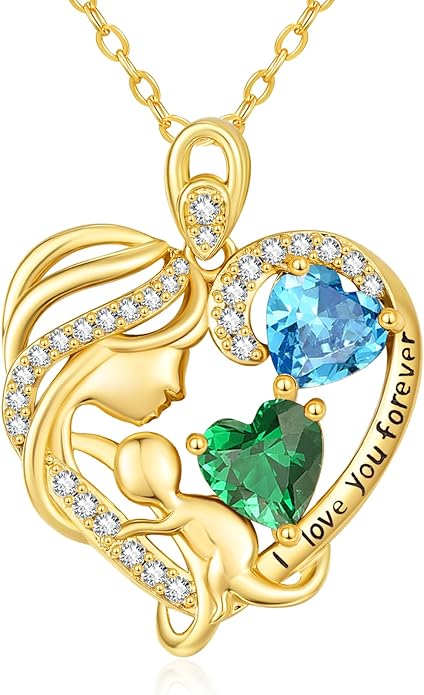 14K Gold Double Birthstone Heart Necklace for Women Mom, Mother Son/Daughter Pendant Necklace for Christmas Mother's Day Birthday Gifts for Wife Daughter Grandmom - Bloomnest