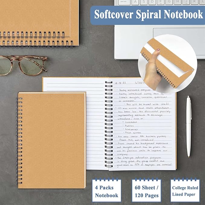 GINMLYDA 4Pack Small Spiral Notebook A5, 8.25x5.5” 120 Lined Pages Wide Ruled Spiral Journal Bulk Blank Kraft Cover Spiral Bound Notebook & Writing Pads for Home Office Meeting Work Note Taking - Bloomnest