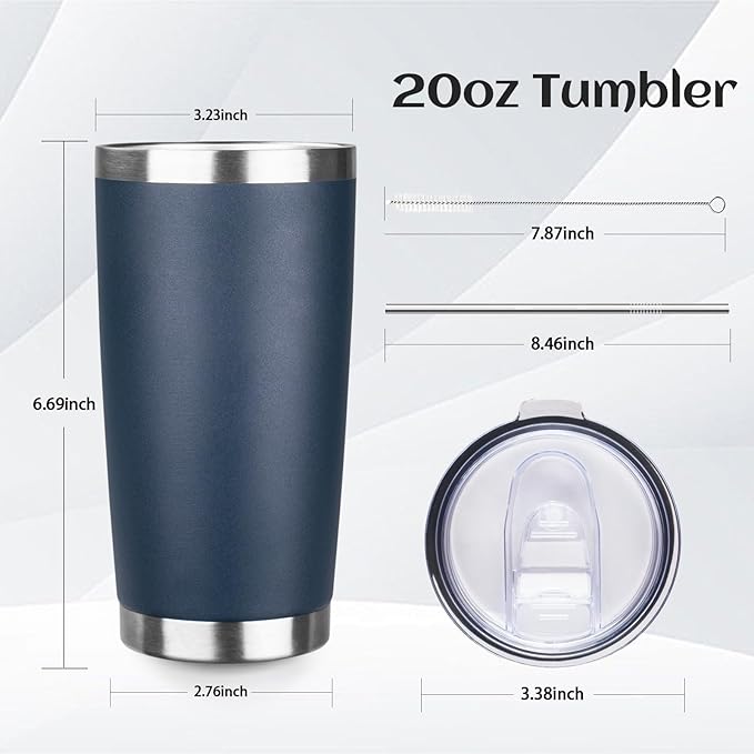 20oz Tumbler Bulk with Lid and Straw, Stainless Steel Double Wall Vacuum Insulated Travel Mug, Powder Coated Coffee Cups for Hot and Cold Drinks,Funny Gifts for Women Men(Navy Blue,1) - Bloomnest