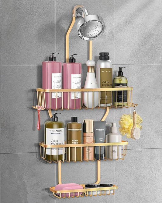 Shower Caddy Hanging - Never Rust Shower Hanging Organizer - Aluminum Over the ShowerHead Caddy with Soap Basket and 6 Razor/Sponge Hooks (Gold) - Bloomnest