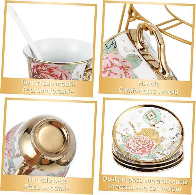 Zhehao 20 Pcs Porcelain Tea Set with Metal Holder and Spoon Adult Ceramic Tea Set European Flower Painting Teapot Cup Saucer Spoon for Women, Large Version(Bright Style) - Bloomnest