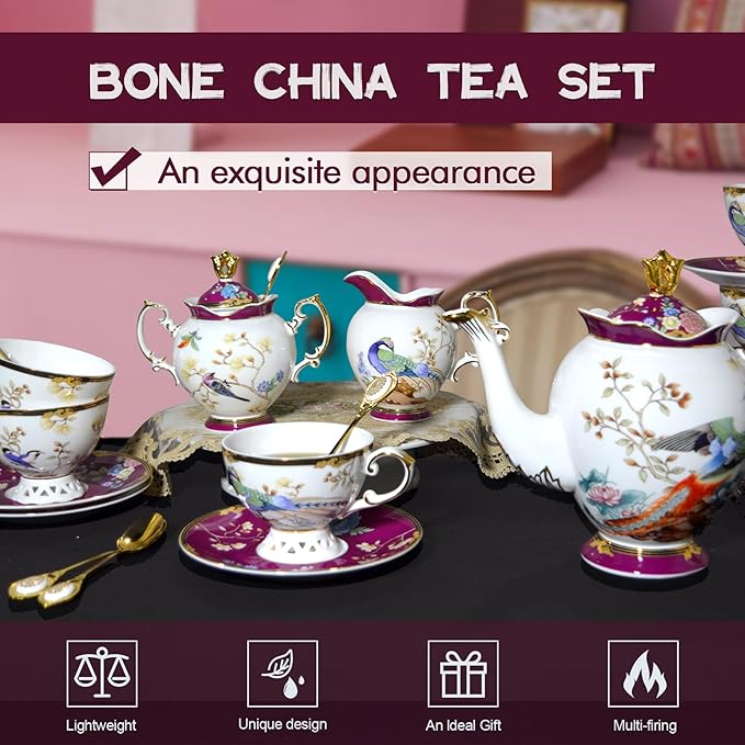 ACMLIFE Fine Bone China Tea Set for Adults with Teapot, Porcelain Tea Sets 21-Piece Vintage Floral English Tea Set for 6, China Tea Sets 24K Gold Bone China Tea Pot and Cups Set Gifts for Women - Bloomnest