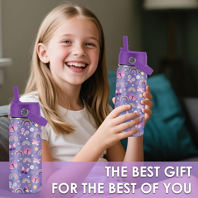 Butterfly Gifts - 16oz Purple Kids Water Bottle with Straw Lid, Stainless Steel Insulated Tumbler, Leakproof, BPA-Free, for Girls, School, Travel - Butterfly Rainbow Themed Birthday Gift Cup (1pc) - Bloomnest