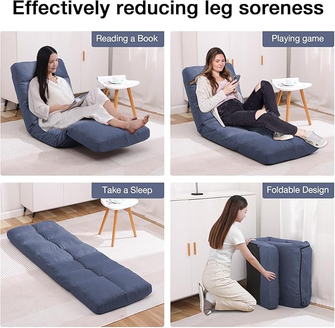 Floor Chair with Footrest Adjustable Backrest with 14 Positions Footrest 5-Position Adjustment Foldable Floor Gaming Chair for Easy Storage Linen Fabirc Chaise Lounge 086 (Blue)