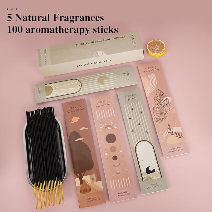 White Sage & Sandalwood Incense Sticks Bundle - 100 Sticks + Holder, 6 Scents (Dragon's Blood, Lavender, Jasmine & More) for Relaxation, Sleep & Positive Energy YINECO