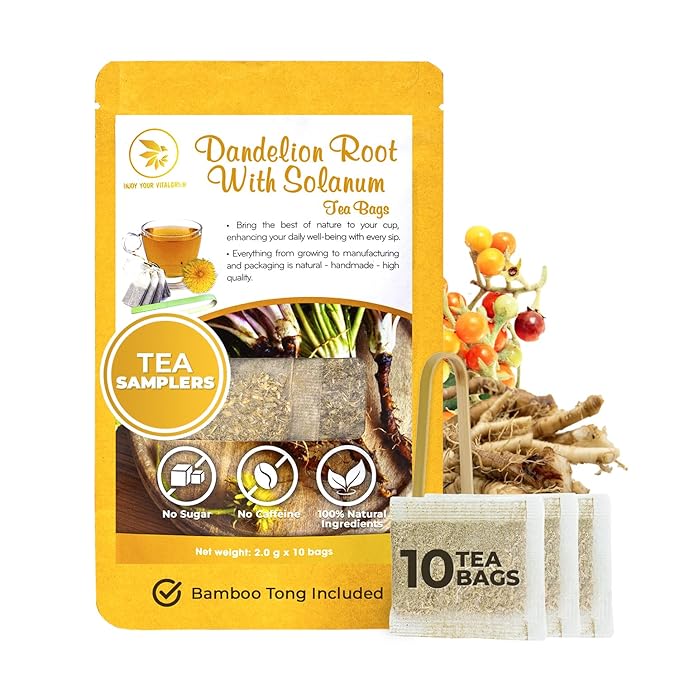 Dandelion Root Tea Samplers with Solanum Trilobatum - 10 Count, Bamboo Tong Included, Re-Steep Pure Herbal Tea Detox Blend for Strength Balance, Energy Support - Bloomnest