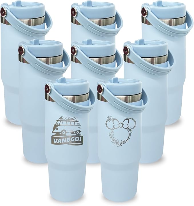 30 oz Tumbler Bulk with Top Handle, Double Wall Vacuum Insulated Tumbler with Flip Straw, Travel Coffee Mug 30oz Powder Coated Cup for Laser Engraving (Blue,8 pack)
