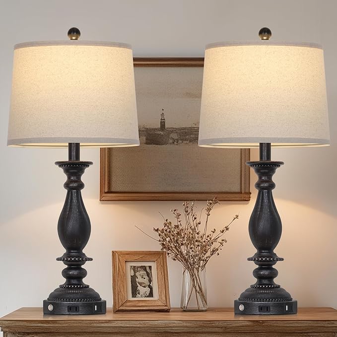 28" Tall Farmhouse Table Lamps for Living Room Set of 2,Vintage Rustic Black Bedside Touch Lamp with USB C+A Ports & AC Outlet, 3-Way Dimmable Resin Nightstand Lamp for Bedroom Entryway Office - Bloomnest