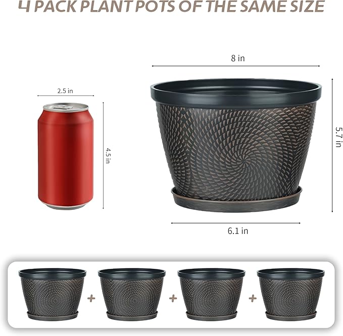 Quarut 4 Pack 8 Inch Flower Pots for Outdoor Indoor, Plastic Plant Pots with Drainage Hole & Saucer, Lightweight Small Flower Pot, Circle Pattern Planters for Garden House planters（Black Copper） - Bloomnest