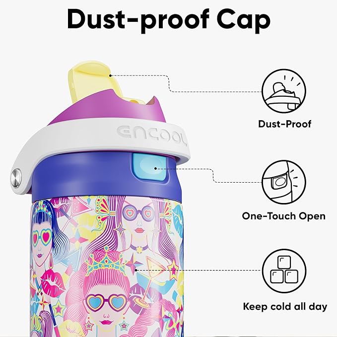 ENCOOL Leakproof Insulated Water Bottle with Straw Dual-Sip Water Bottle Bag-Safe Design for Work, Commute & Gym – Keeps Drinks Cold All Day, 24 oz, Party Trendy ENCOOL