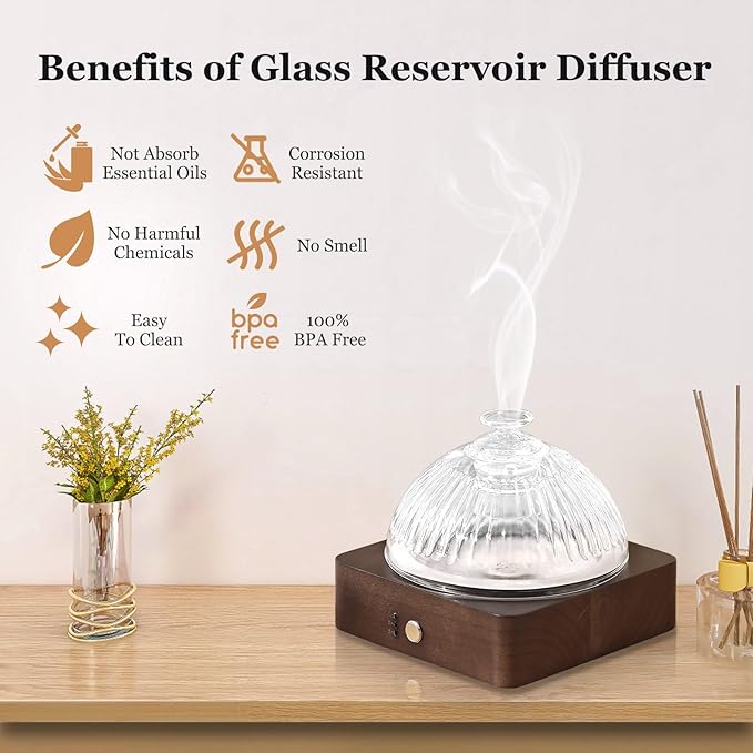 Glass Essential Oil Diffuser with Glass Reservoir & WoodBase, 200ml Ultrasonic Lock Color Timer Auto-Off 7 Color Light Aroma Glass Dome Diffuser for Home Office Bedroom Yoga - Dark Brown - Bloomnest