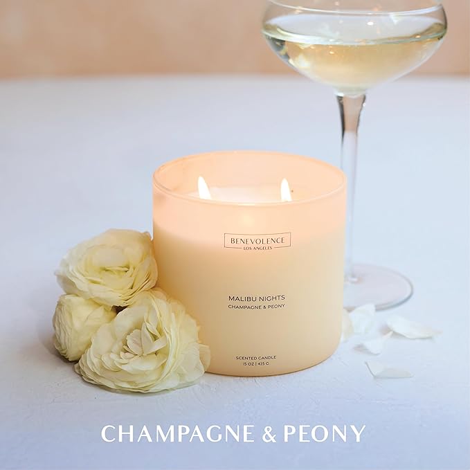Champagne & Peony – Benevolence LA Large 3-Wick Fall Scented Candle for Home | 15oz, 50-Hour Burn | Natural Soy Wax, Cotton Wicks | Romantic Autumn Fragrance | Malibu Sands Collection – Gift for Women - Bloomnest