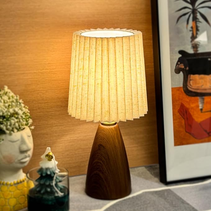 Small Pleated Table Lamp for Bedroom, Bedside Lamps for Nightstand, Dimmable Desk Lamp Ceramic Wood Grain Base Round Flaxen Fabric Shade for Living Room, Kids Room,LED Bulb Included(Art Deco) - Bloomnest