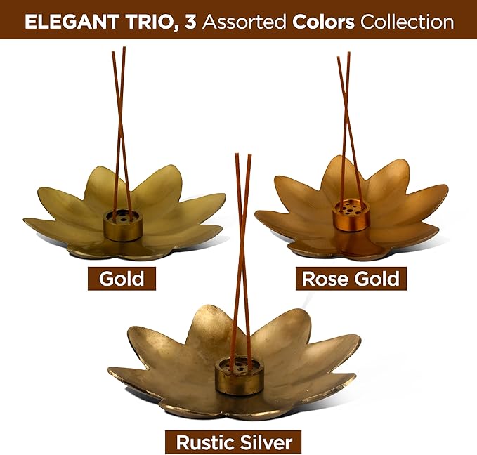 Raajsee Incense Holder, Set of 3 Flower Incense Burner, Brass Incense Stick Holder, Modern Stick Incense Holder, Gold Silver Copper