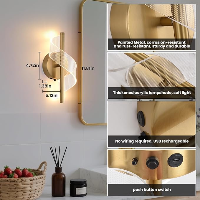 Cordless Wall Sconces Set of 2, Helical Wireless Rechargeable Battery Wall Light with Remote Control Dimmable. Portable Lighting for Wall Painting, Living Room, Bedroom, Night Light. 11.8''Gold - Bloomnest