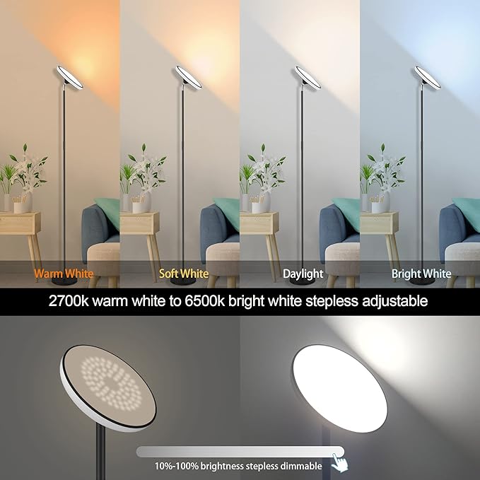 UFO Floor Lamp 71in, Upgraded 42W 3700LM LED Torchiere Floor Lamps for Living Room, Modern Tall Bright Standing Light with Remote, Dimmable Sky Light,1/2/3H Timer for Bedroom,Office(Black) - Bloomnest